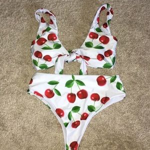 Cherry print white bikini
